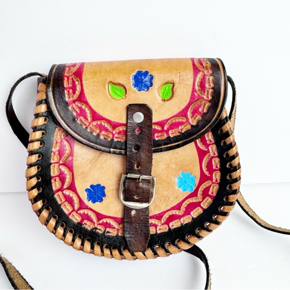 Vintage Handmade Mexican Leather Mini Crossbody Bag 5x5 - Picture 1 of 13